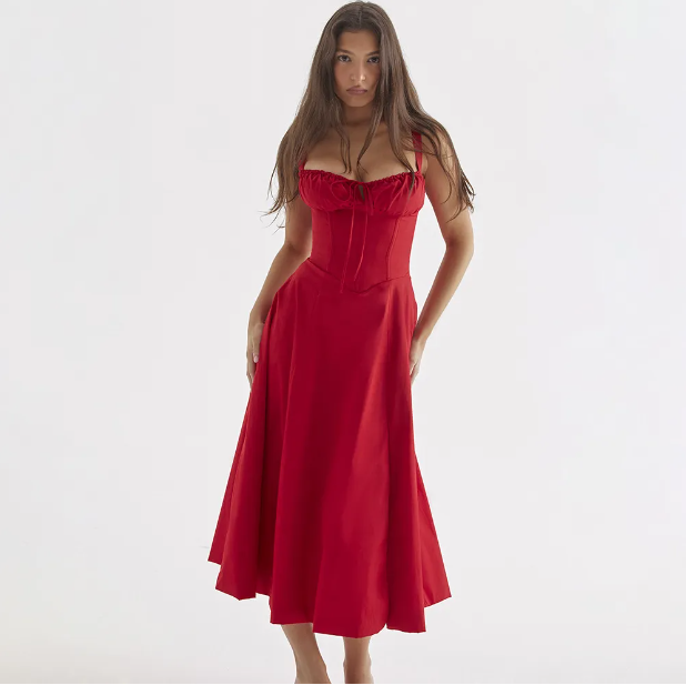 House Of Cb Casual Corset Split Skirt Bow Tie Chest Frill Details Print ral Midi Dresses Back Lace Up Robe Clothing Women's Summer Long Dress 17c