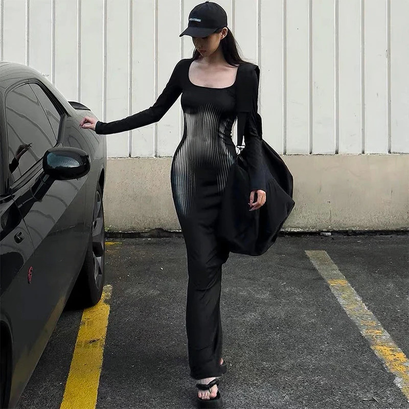 CUTENOVA Women Square Collar Long Sleeve Dress High Waist Abstract Sexy Stripe Body Print Dress Casual Wrap Hipster Mermaid Dres 241010