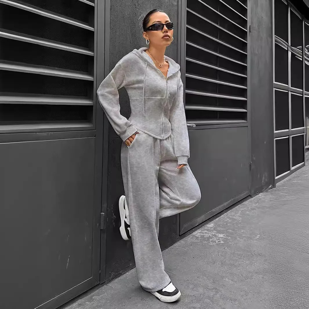 Grey bomber jacket womens 2piece casual long sleeved zipper solid sportswear Trouser set autumn 241008