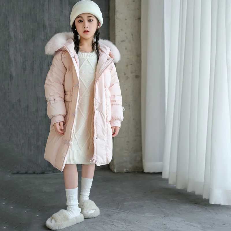 Down Coat Girls hooded fur collar jacket childrens winter casual cotton jacket fashionable warm jacket new youth clothing 5-12Y H241010