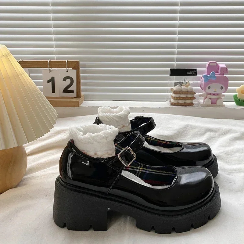 Platform Heels Mary Jane Shoes Simple Lolita Black Platform Heeled Shoes Student College Sweet Medium Heel Womens Single Shoes 241007