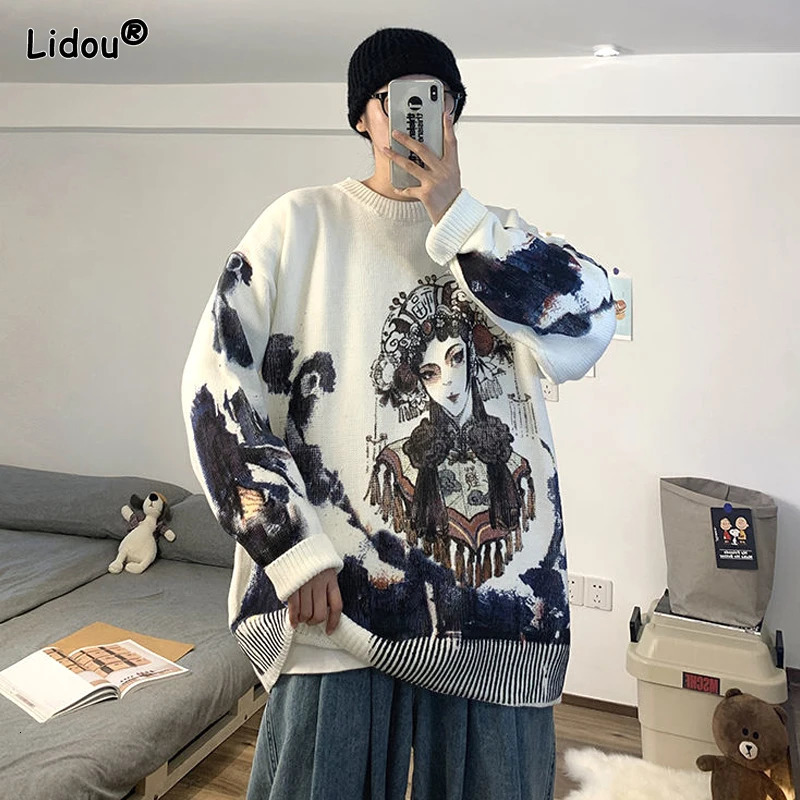 2023 Spring and Autumn Chinese Style Thread Round Neck Printed Loose Casual Versatile Fashion Mens Knitted Pullover Sweater 240930