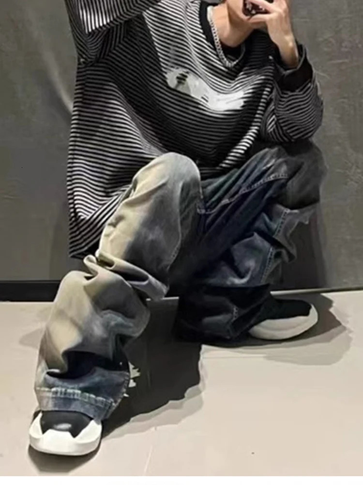 American fashion washed vintage gradient striped multi pocket drawstring jeans Harajuku street loose 240929