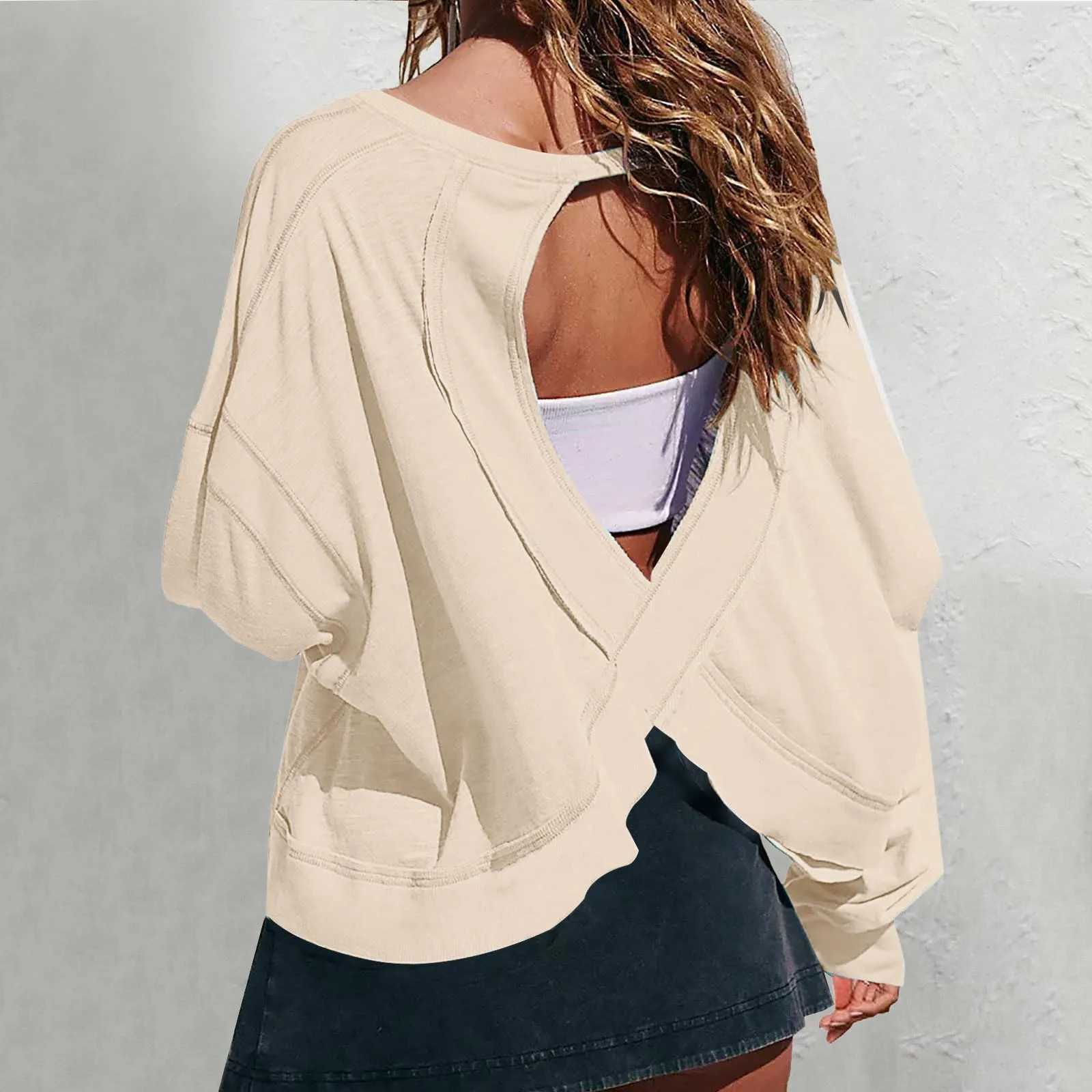 New Arrival Womens open back training top oversized sports shirt solid color long sleeved irregular bottom gym running yoga shirt M241009