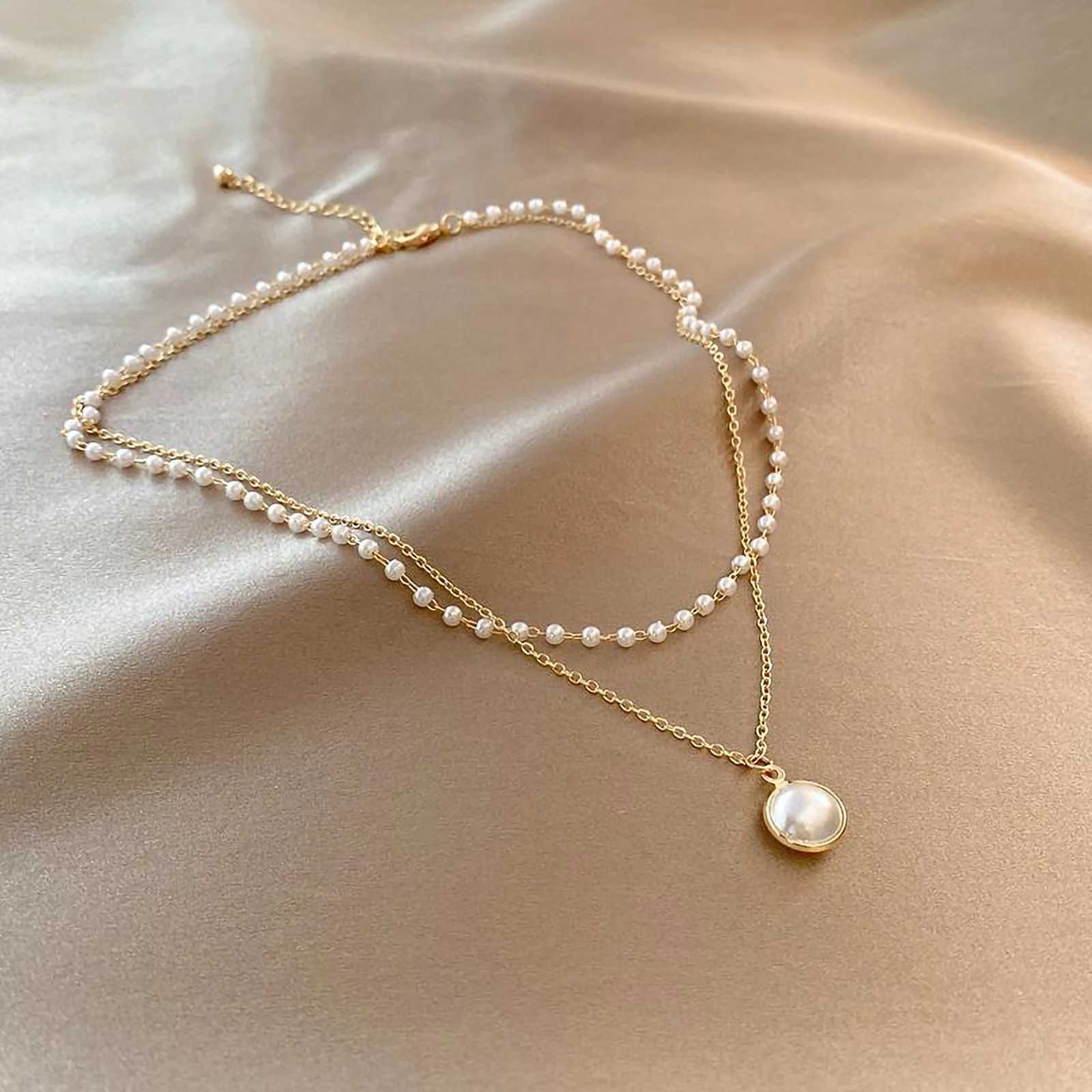1 set of white large pearl multi-layer retro style womens titanium steel plated 18k gold necklaceX241009