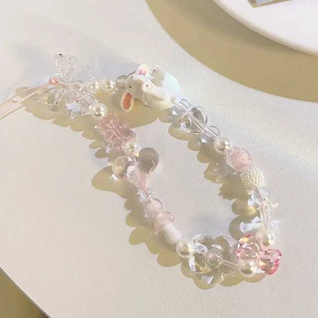 Simple Pink Bear Heart Strawberry Bowknot Flower Acrylic Imitation Pearl Beaded Phone Chain for Women Girls Sweet AccessoriesX241010