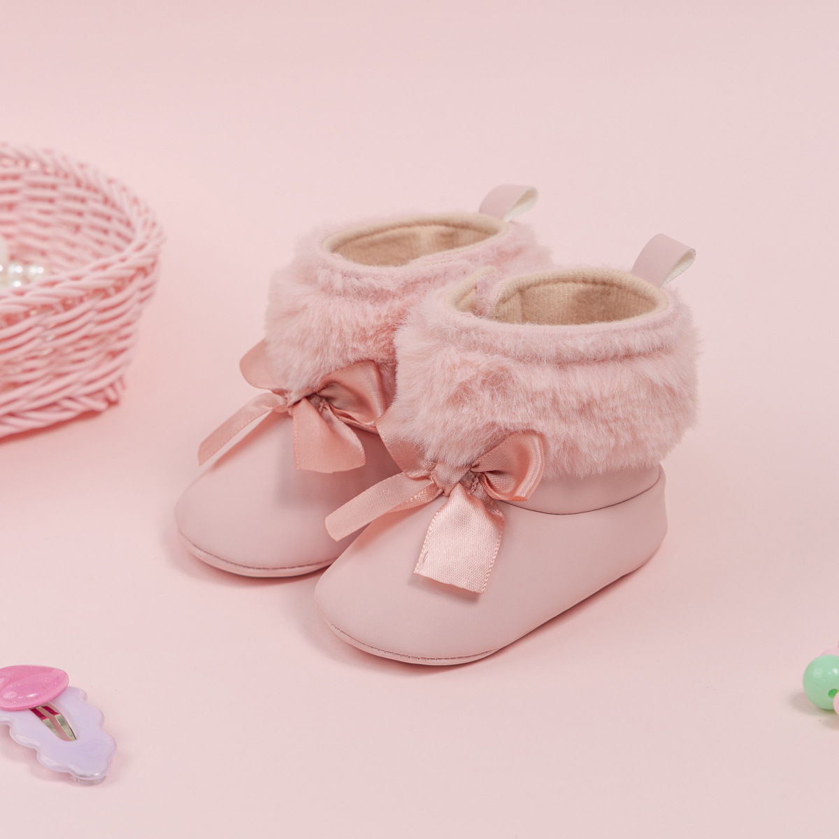 Pink Toddler With Bow Velvet Fluzzy Autumn Winter Baby Snow Boots Kids Girls Warm Shoes Happysteps First Walkers Shoes 0-18M