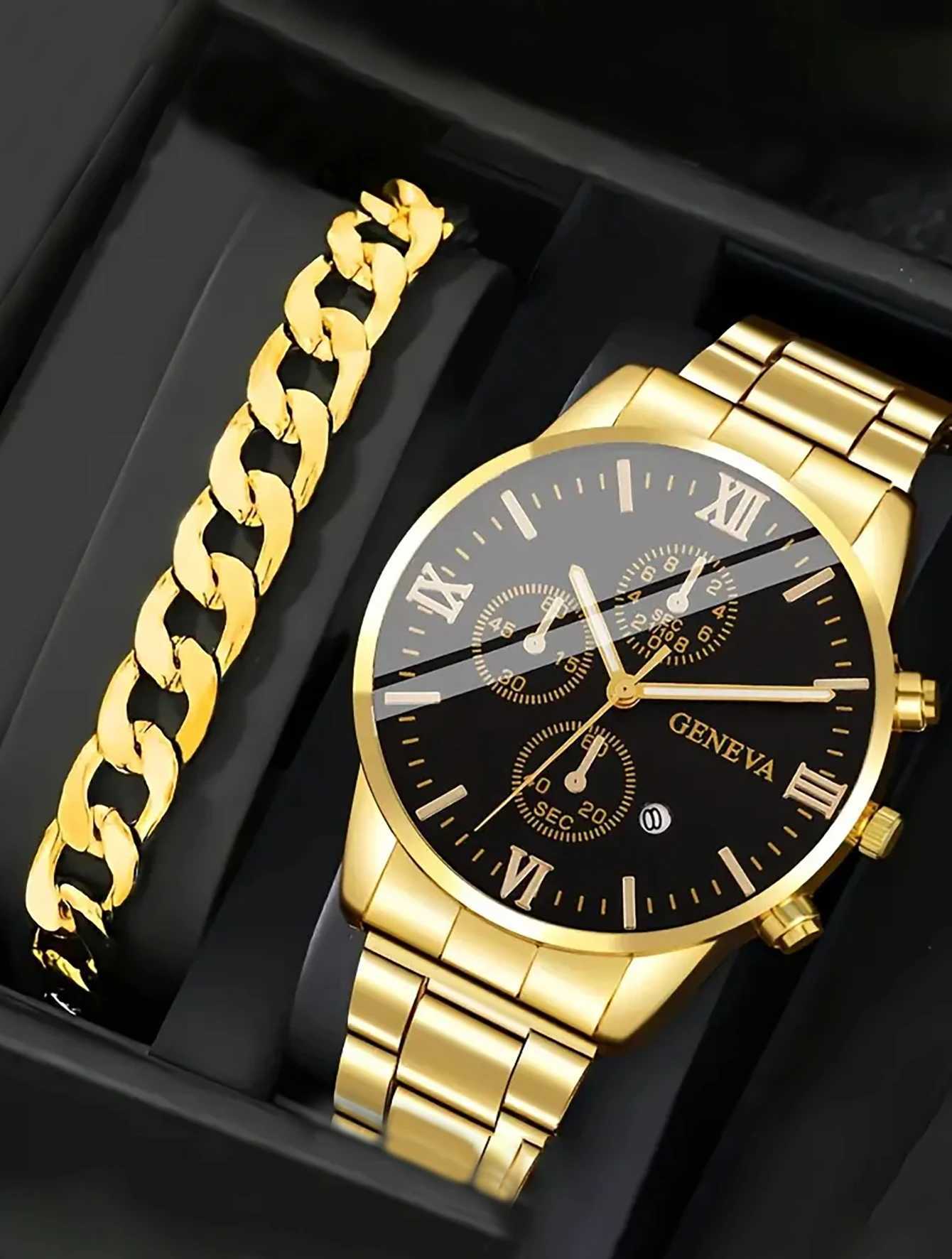 3PCS Classic business style alloy mens quartz watch with Cuban bracelet Cross necklace set Birthday gift wristband calendarX241010
