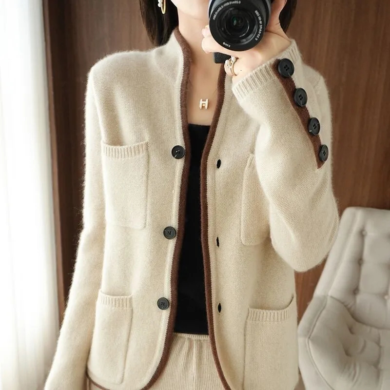 Autumn Winter Wool Cashmere Sweater Womens Stand-up Collar Cardigan Sweater Patchwork Button Warm Knitted Coat Women Tops 241010