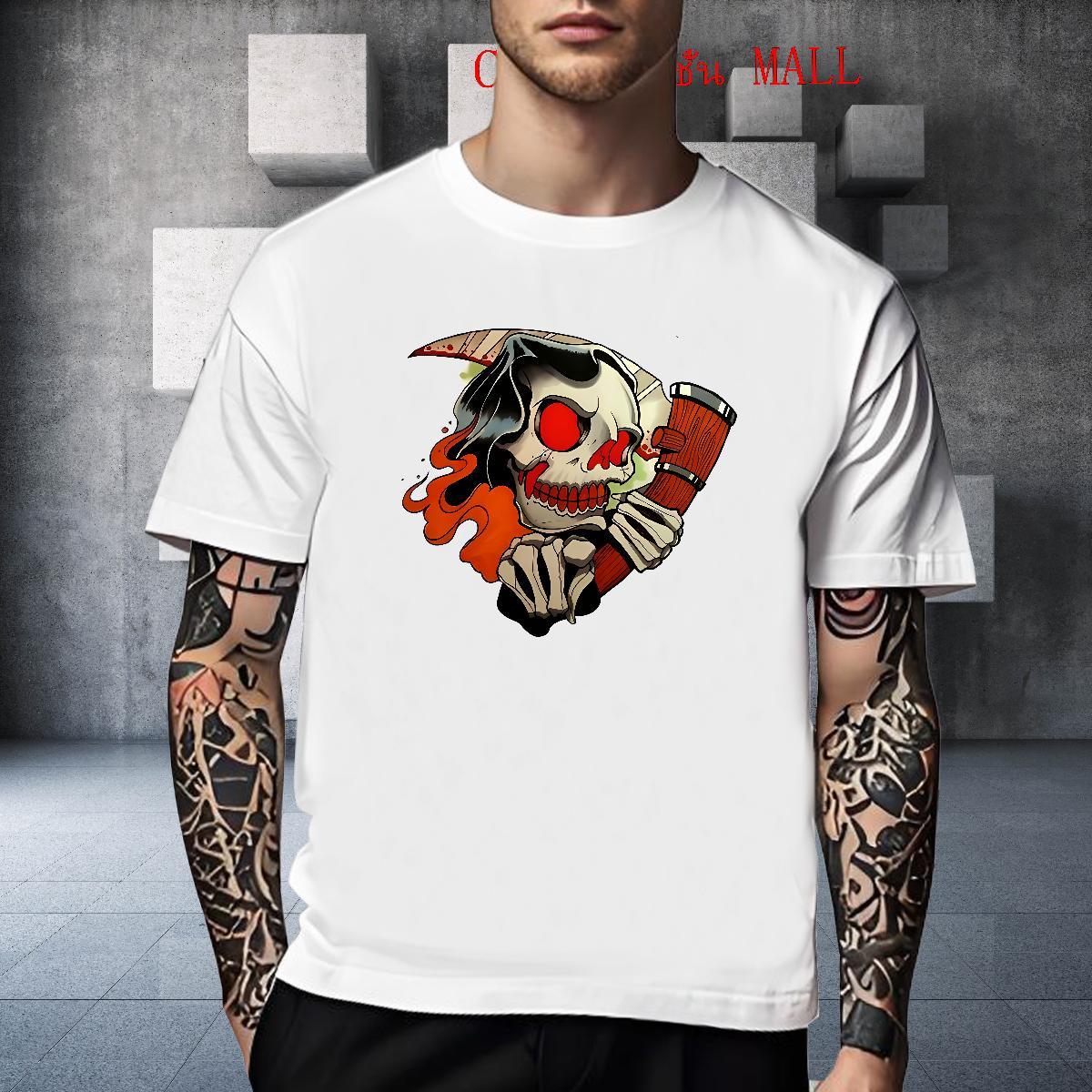 Loose Fit T-Shirts for Men 100% Cotton 230g skull High Street Hip Hop Black Oversized Breathable Short Sleeve Men Clothes T-Shirt Brand Polos