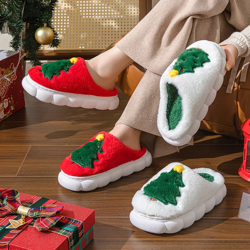 Christmas Tree Fluffy Slippers Women House Flats Cartoon Winter Shoes Home Fashion Tree Footwear Big Size 241010