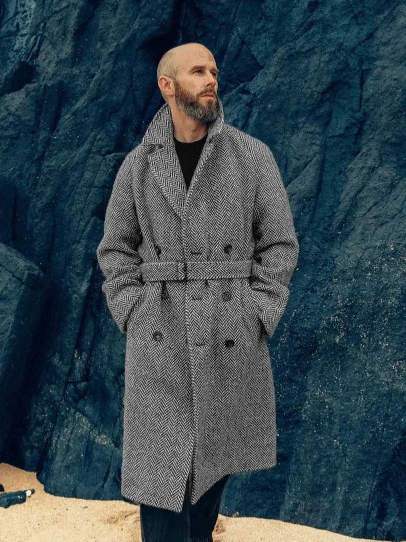 Mens autumn and winter mid-length woolen British style sub-coat new double-breasted quilted thickened mens warm coat LX241010