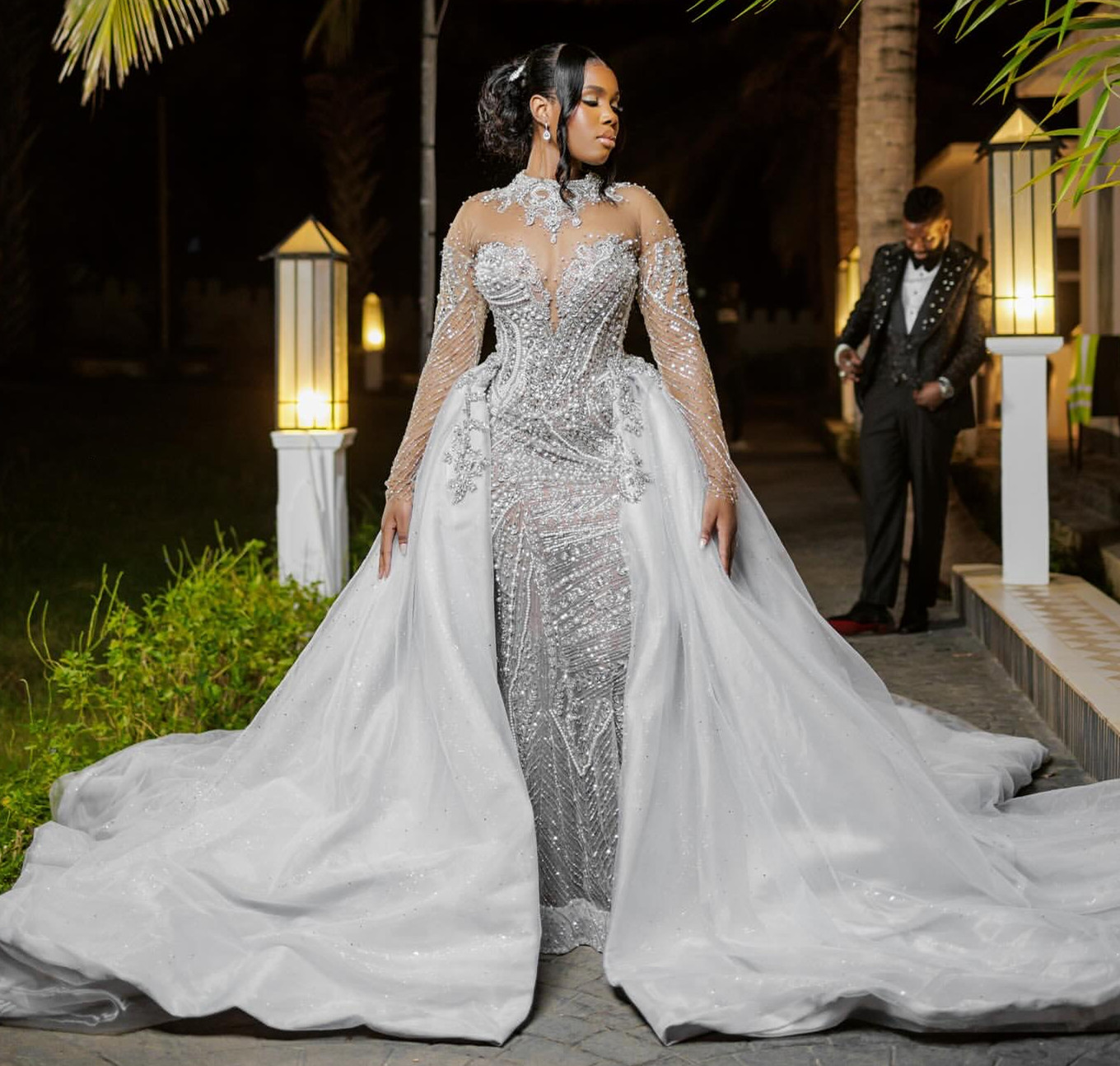 2024 Arabic Aso Ebi Plus Size Off White Illusion Mermaid Wedding Dresses Full Sleeves Sequined Lace Rhinestones Vintage Elegant Bridal Gowns Dress ZJ6