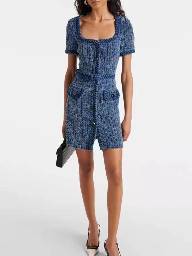Autumn Twisted Knitted Coarse Felt Mini Dress for Women Elegant Square Collar Single Chest Short Sleeve with Belt Long Robe 241010