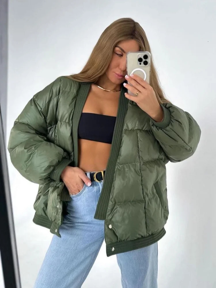 Women Winter Warm Solid Short Down Coat Fashion Two Buttons Long Sleeves Pockets Crop Outwear Chic Lady Commute Street Outerwear 240930