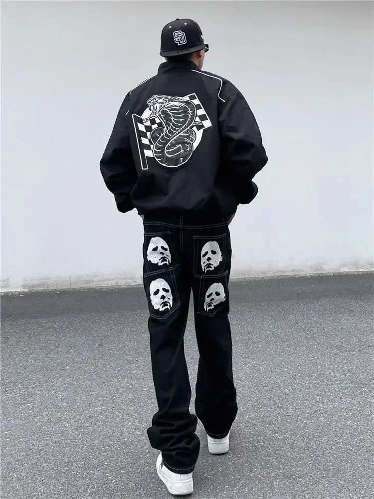 Man Cowboy Pants Straight Goth Mens Jeans Black Trousers Grunge Y2k with Print Designer Original 2024 Fashion Autumn ClothingX241009