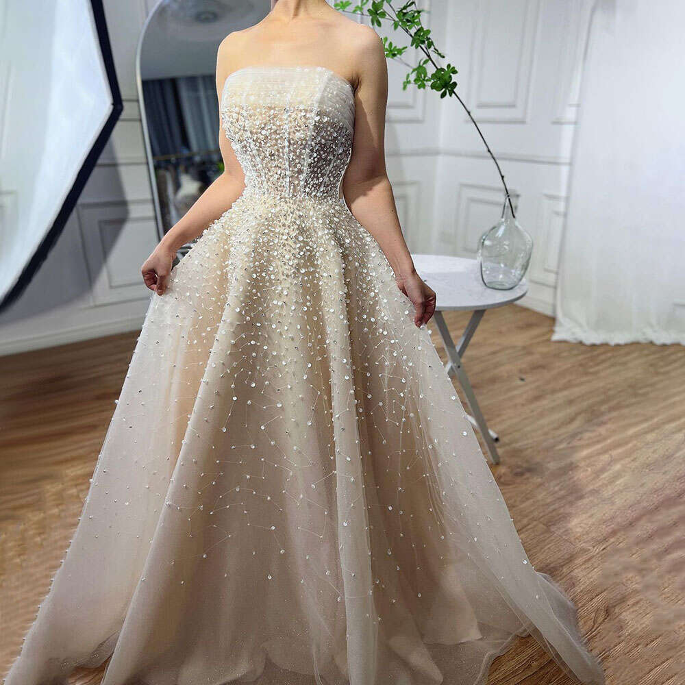 Serene Hill Arabic Beige Strapless A e Beaded Elegant Long Evening Dresses For Women Wedding Party With Gloves 2024 GLA72009