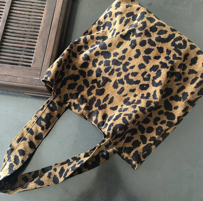 Retro Corduroy Womens Shoulder Shopping Bag Retro Womens Thin Cotton Casual Handbag Leopard Pattern Handbag Tank Top Bag 241008