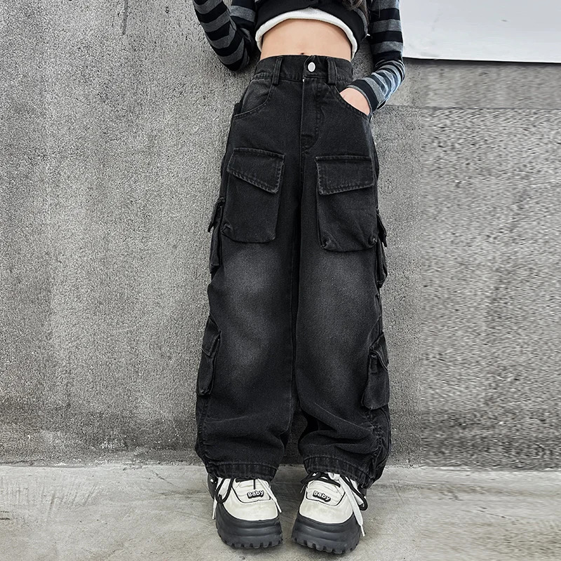 Teenage girl wide leg jeans autumn fashion childrens casual jeans childrens work clothes straight leg bag pants 15Y 241008