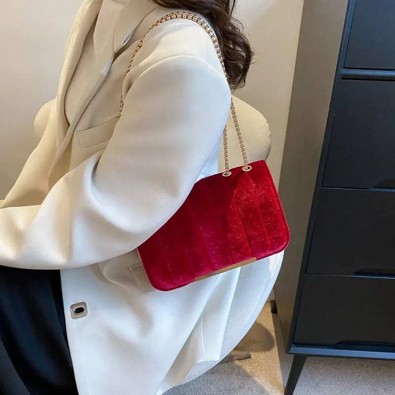 fashion simple plush chain small square bag casual commuting shoulder cross body bag womens bag 241008