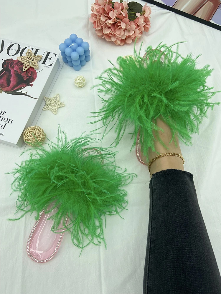 Women Ostrich Feather Slides Summer Natural Fur Fluffy Slippers Crystal Jelly Transparent Sandals Female Indoor Feather Shoes 240927
