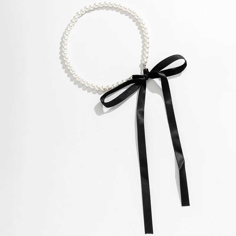 Trend Wedding Party Jewelry Long Black Ribbon Choker Necklace For Women Elegant White Imitation Pearl Beach Vacation NecklacesX241009