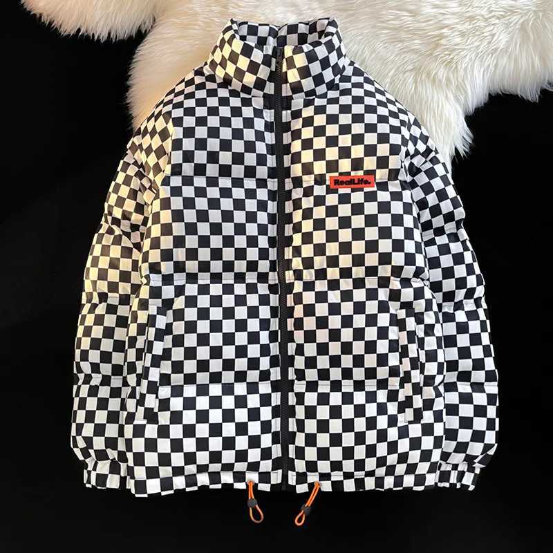 Men's Down Parkas Winter Strtwear Oversize Plaid Bubble Coat Japanese Style New Retro Parkas With Contrast Warm Plaid Puffer Jacket Husband Men Y