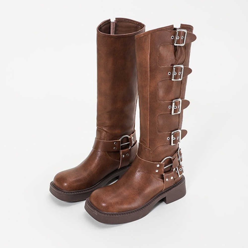 Heeled Thigh High Heel Boots For Women The Knee Fashion Boots Autumn Winter Metal Leather Martin Boots Buckle Western Knight Boots 240826