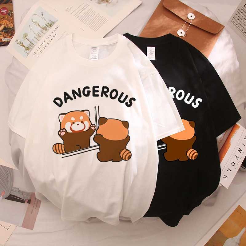 Interesting panda and raccoon illustrations printed mens and womens short sleeved summer cotton breathable T-shirt casual loose T-shirtW240716