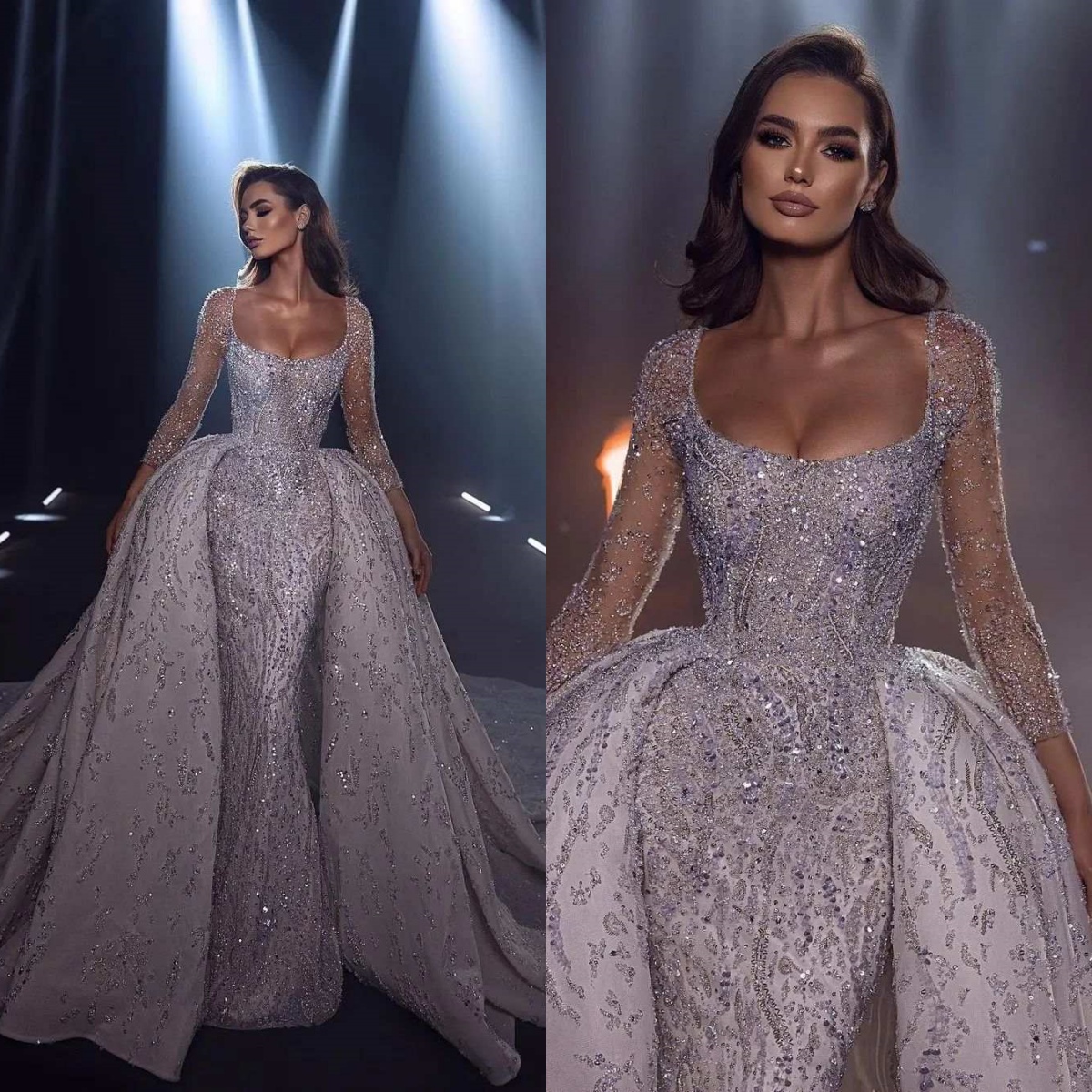 Luxury Mermaid Wedding Dress Crystal Beaded Sequins Long Sleeve Bride Gowns Detachable Sweep Train Bridal Dresses Custom Made