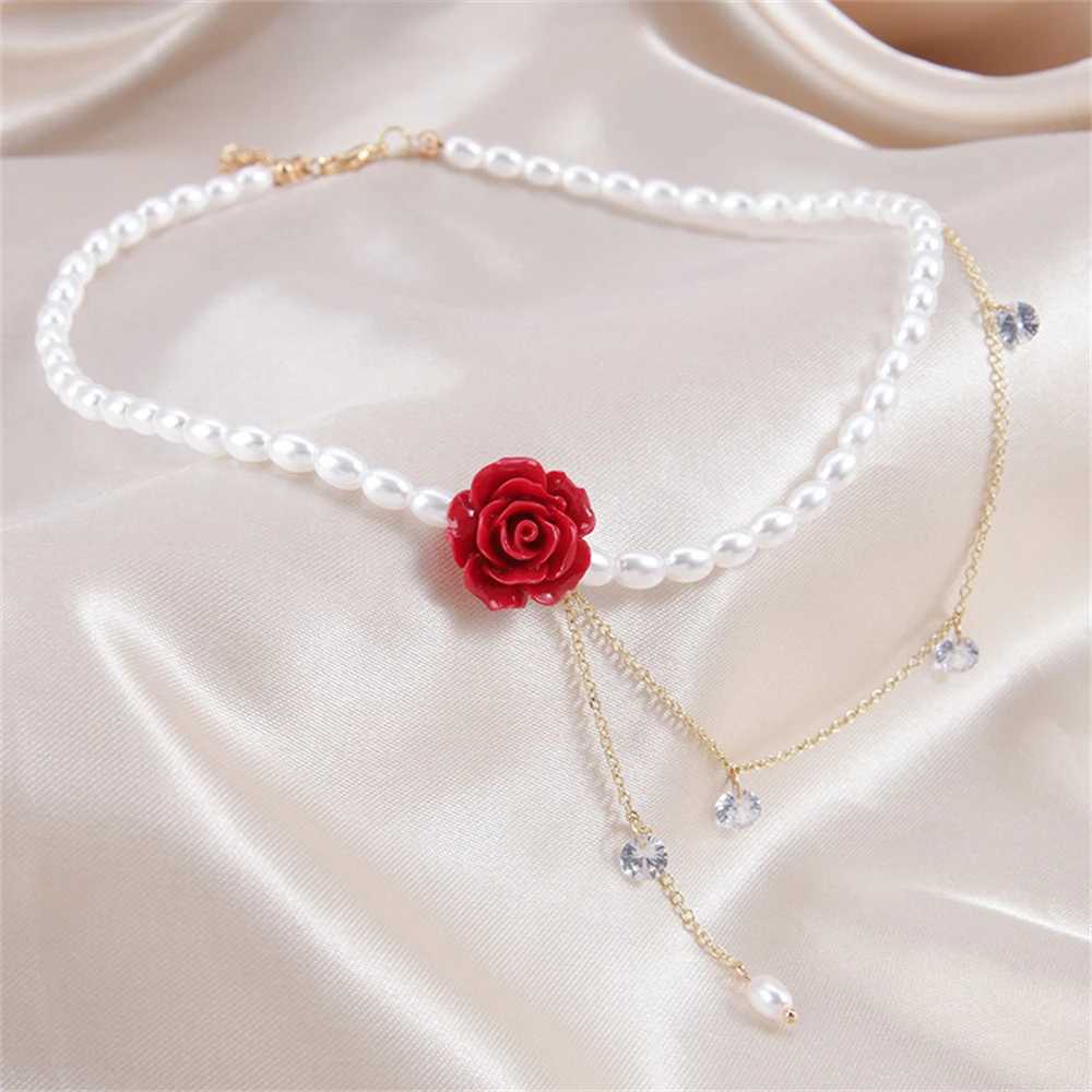 Red Rose Flower Crystal Pearl Necklace Exquisite Design Double Layer Rhinestone Clavicle Chain Chram Jewelry AccessoriesX241009
