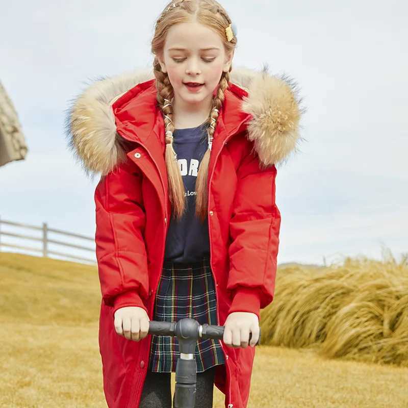 Down Coat Winter New Girl Down Jacket Real Raccoon Fur Childrens Snow Coat Thick Warm Set Youth Black Long Park XMP198 H241010