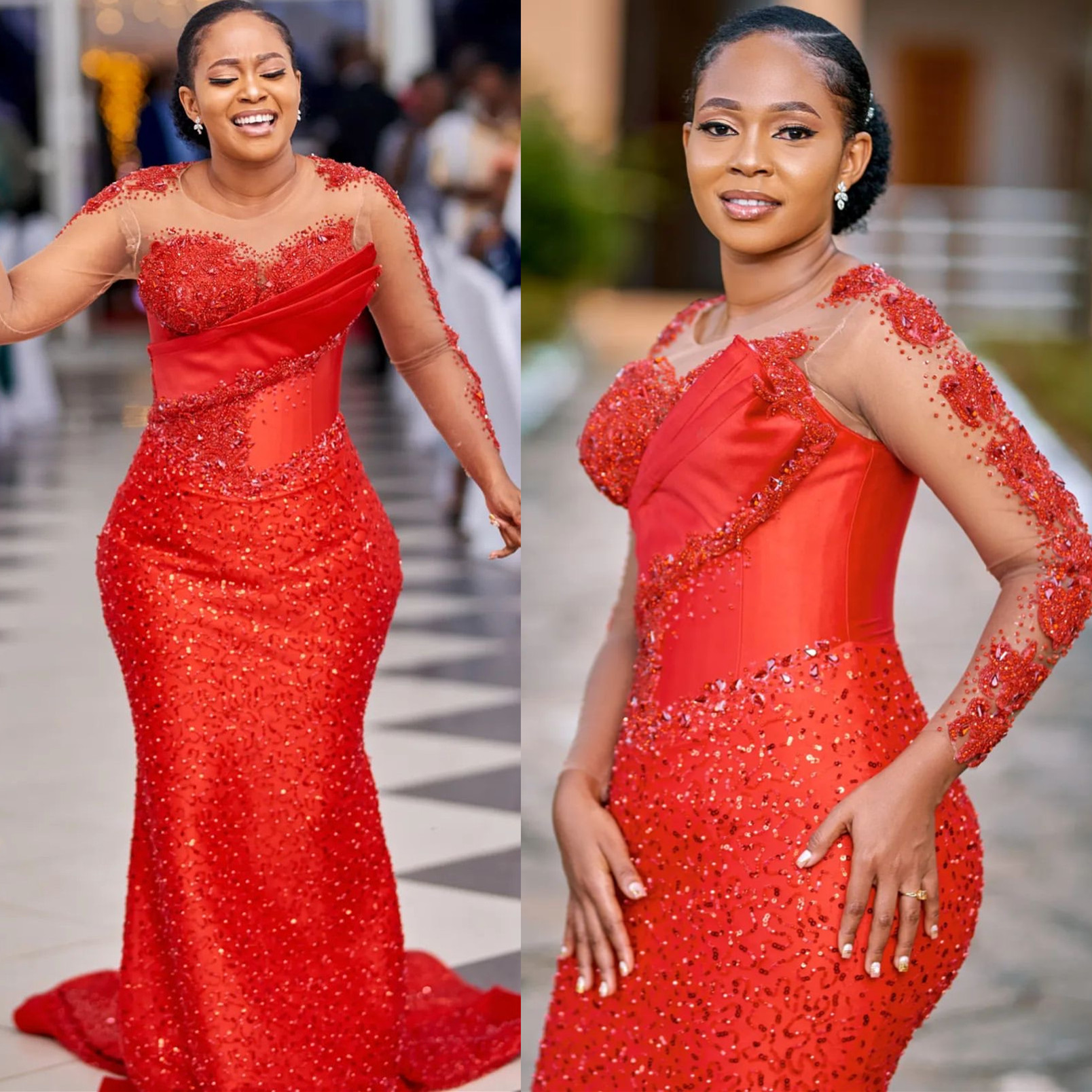 Aso Ebi 2024 Red Mermaid Prom Dresses Sequined Lace Beaded Full Sleeves Evening Formal Party Second Reception Birthday Gowns Dress For Special Occasio