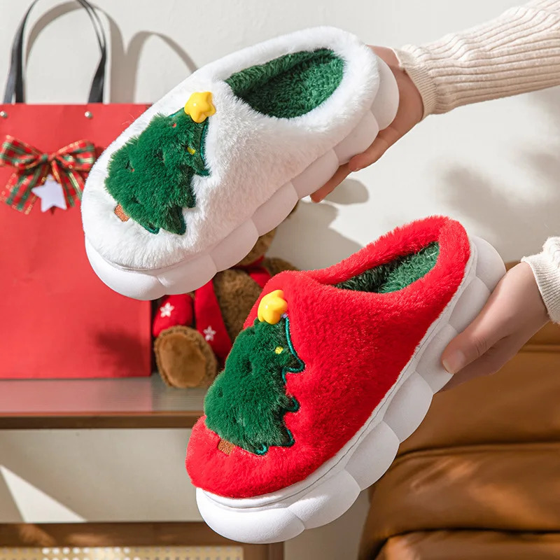 Christmas Tree Fluffy Slippers Women House Flats Cartoon Winter Shoes Home Fashion Tree Footwear Big Size 241010