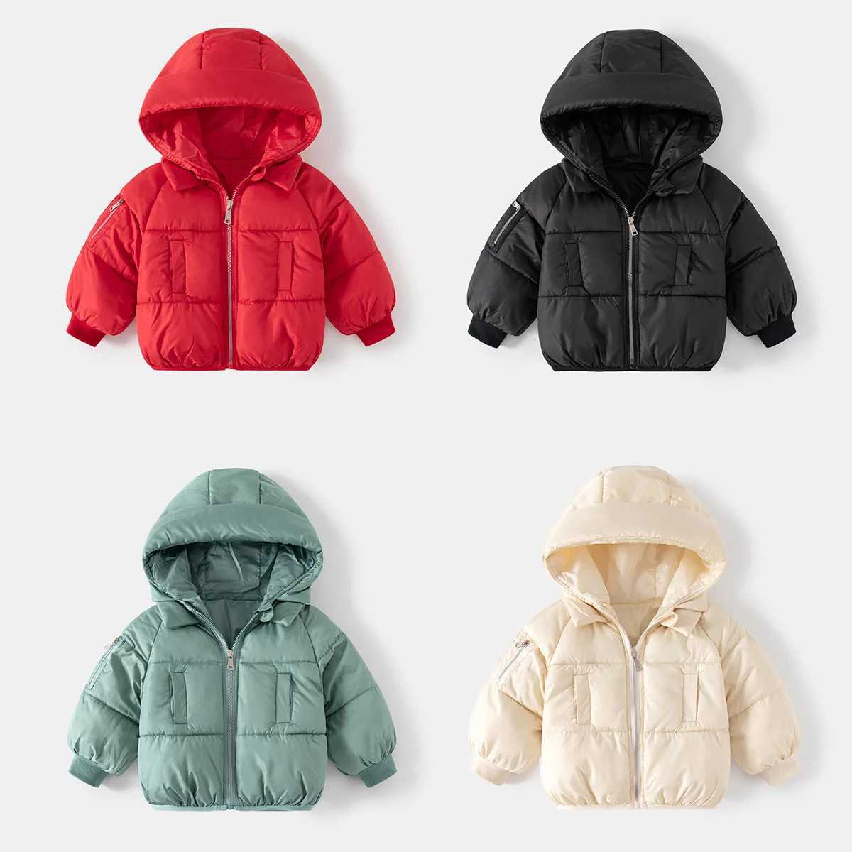 Down Coat Boys Fashion Solid Color Thick Zipper Hooded Parkas Jacket Winter Casual Quilted Warm Coat Fashion Top Suitable for 2-7 Years Old H241010