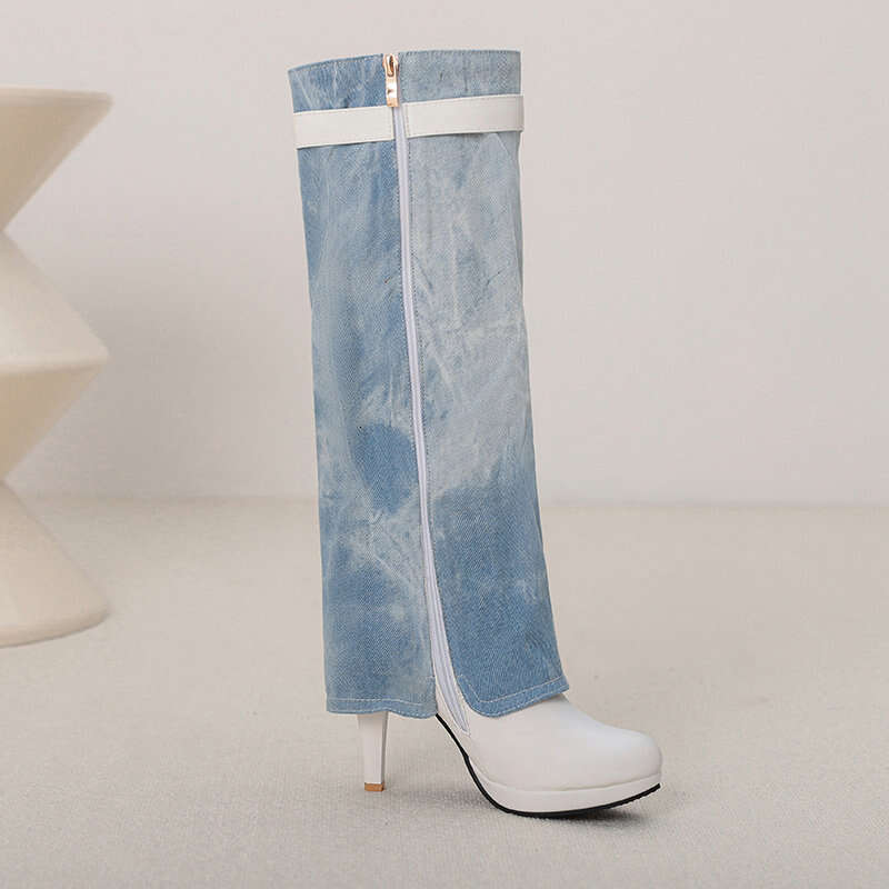 REAVE CAT Fashion Women Long Boots Splice Round Toe High Heels 10Cm Platform 2Cm Big Size 42 43 Bota 33