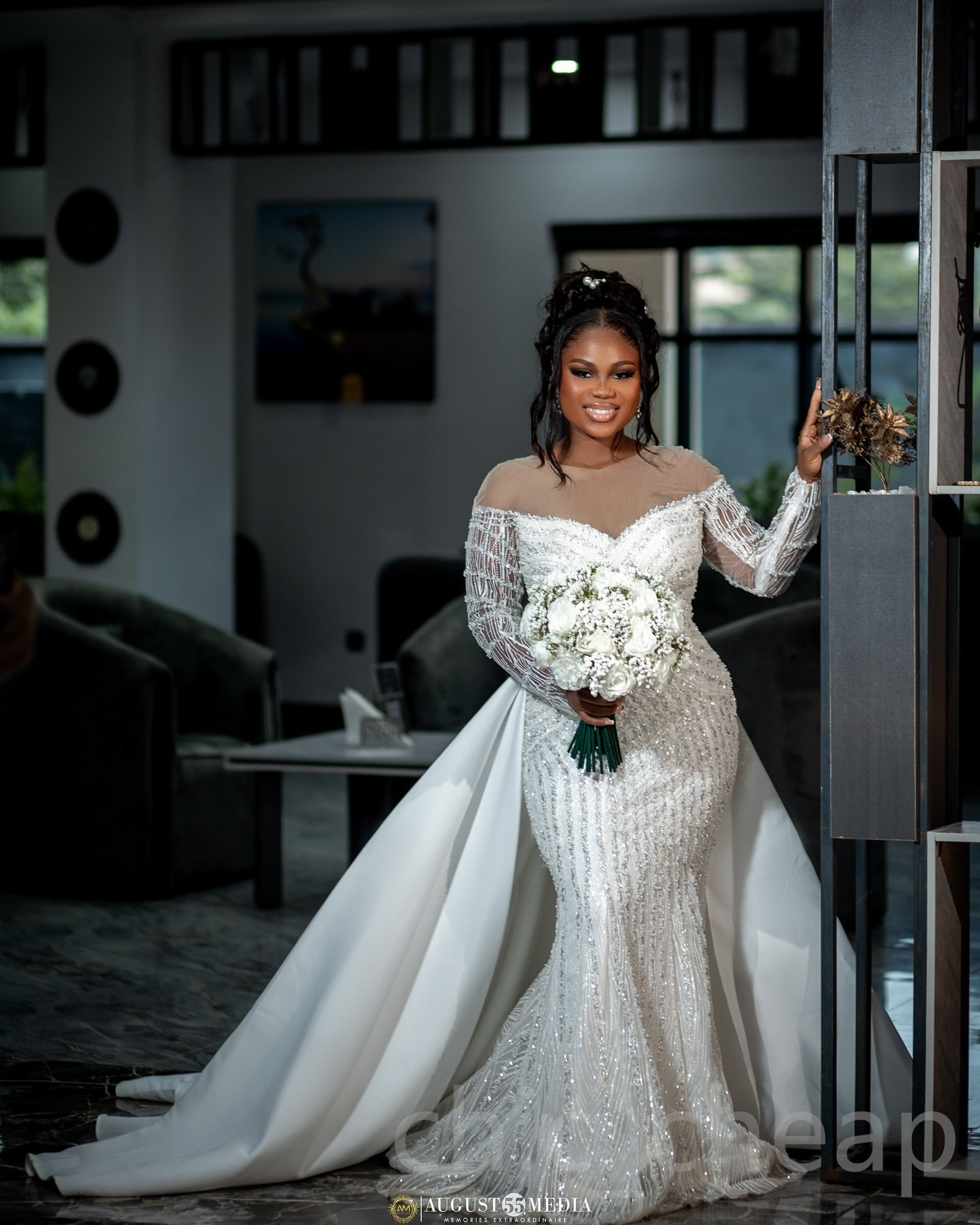 Aso Arabic Ebi Plus Size Off White Mermaid Wedding Dresses Full Sleeves Sequined Lace Detachable Train Tulle Vintage Elegant Bridal Gowns Dress ZJ