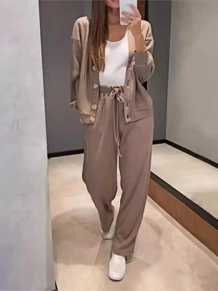 Simple solid color sports pants set for womens casual knitted Vneck cardigan high waisted Trouser style twopiece women 241008