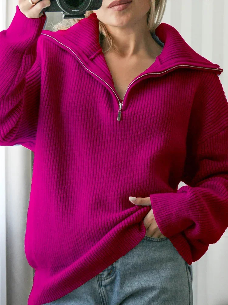 Womens turtle neck zipper fashionable womens sweater solid loose pull long sleeved casual knitted winter 241007
