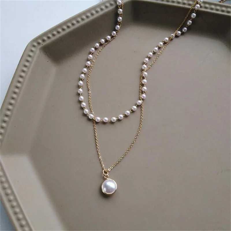 2021 New Fashion Kpop Pearl Choker Necklace Cute Double Layer Chain Pendant For Women Jewelry Girl GiftX241009
