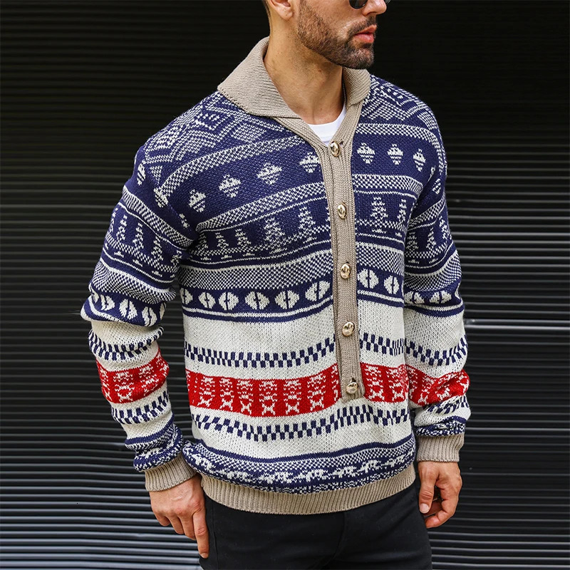 2024 Fall Winter Fashionable Sweaters For Mens Vintage Turn-down Collar Button-up Knitted Sweater Casual Long Sleeve Mens Tops 241007