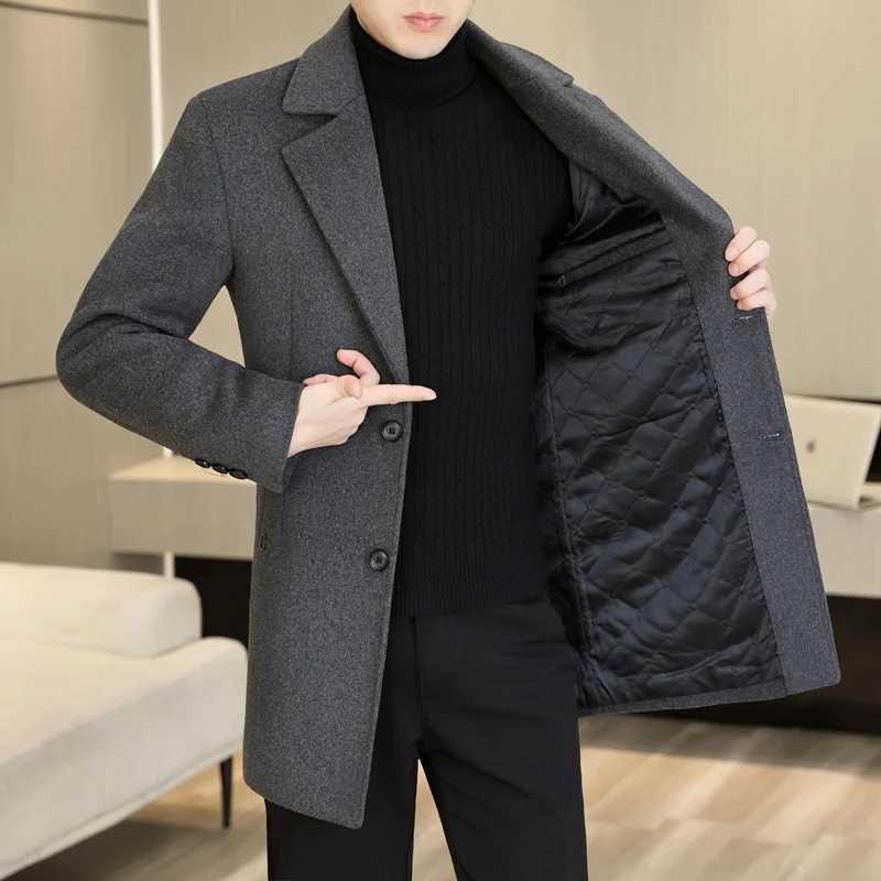 Korean Fashion Woolen Coat Men 2023 Winter Solid Color Long Casual Business Trench Coat Slim Fit Windproof Office Social Jacket LX241010