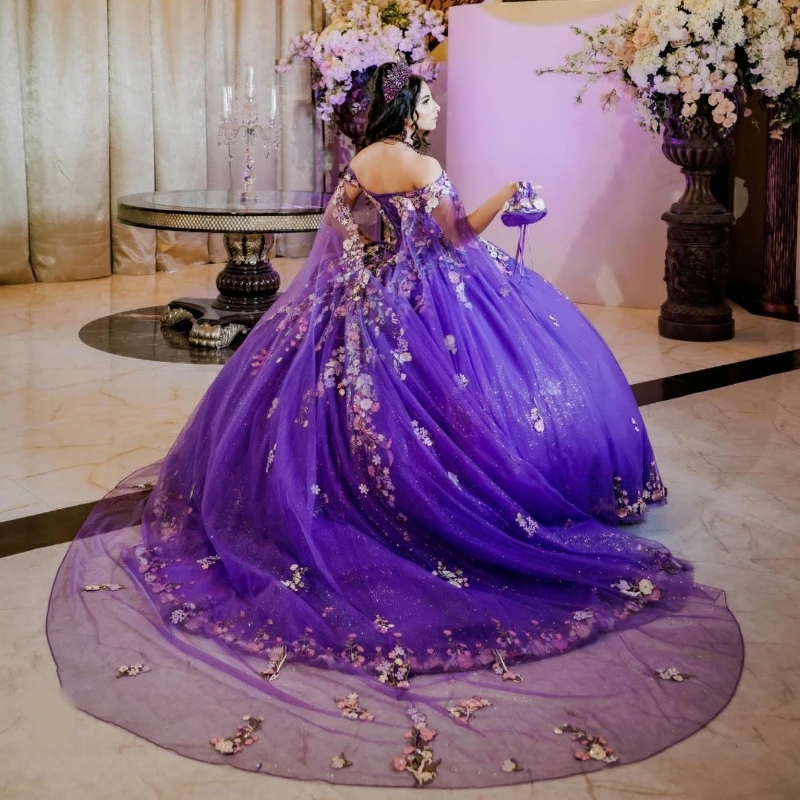 Purple Shiny Off the Shoulder Ball Gown Quinceanera Dresses With Cape Beading Appliques Lace Tull Corset Vestidos De 15 Anos Sweet 16 Dress