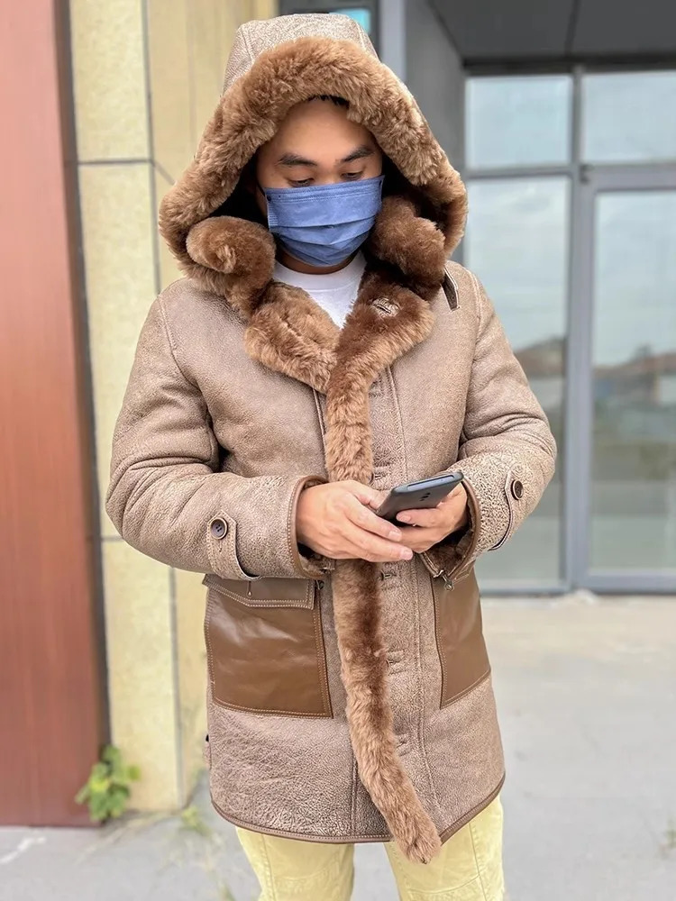 Mens fur coat winter thick warm wool lining single chest genuine leather wool coat medium length hooded coat 240927