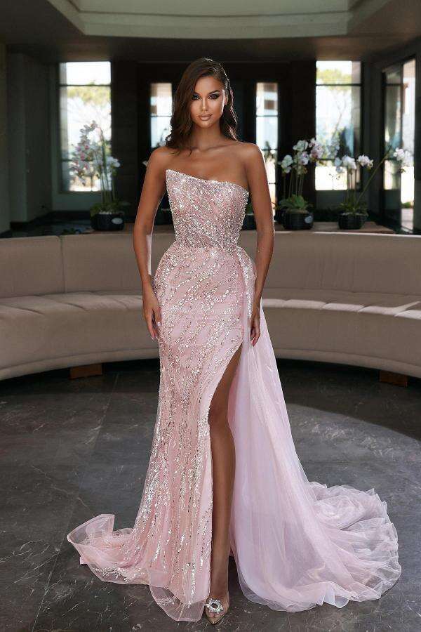 Sparkly Long Mermaid Prom Dresses with Slit Elegant Pink Strapless Tulle Sequins Evening Maxi Gowns For Women Party