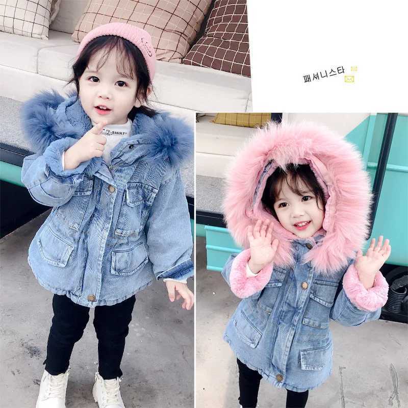 Down Coat Winter Baby Denim Jacket with Fur Warmth for Preschool Girls Plush Denim Jacket Cotton 1-5 Year Old Baby Girls Parka H241010