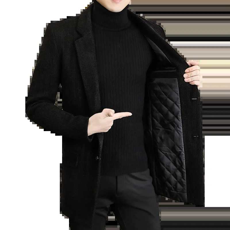 Casual Mens Autumn Winter Cotton Thicken Overcoat Business Solid Warm Mid-Length Windbreak Jackets Outwear Trench Woolen Coats LX241010