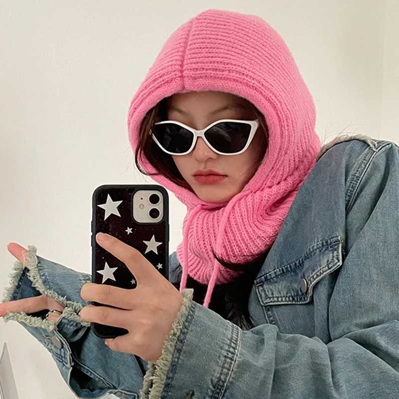 Beanie/Skull Caps Winter womens unisex knitted hooded collar hat Beanie suitable for both men and women brushed one-piece warm Balaclava H241010