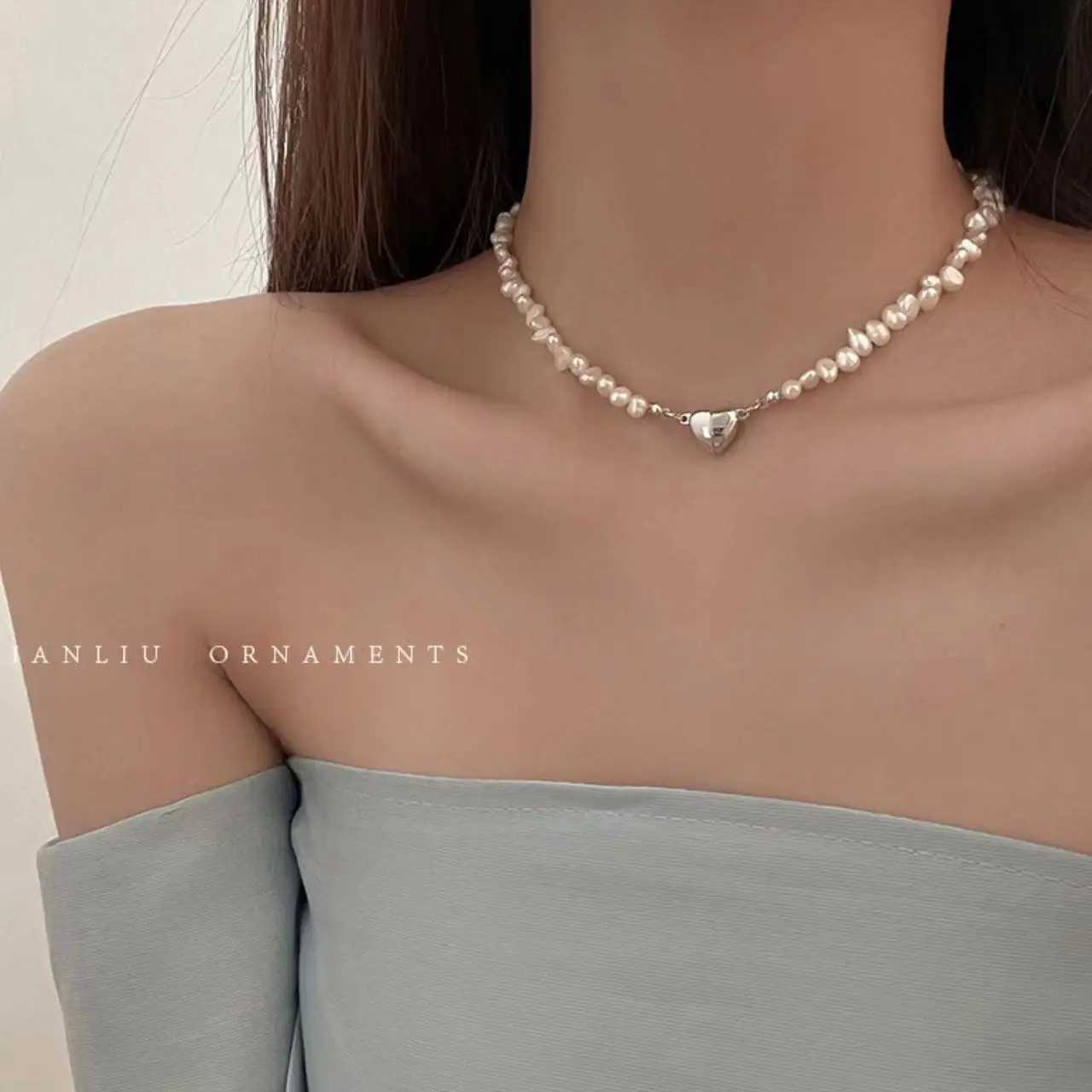 Korean Pearl Chain Choker Necklace Magnetic Heart Pendant for Women Girls 2024 Fashion Jewelry Bridal Engagement Wedding GiftsX241009