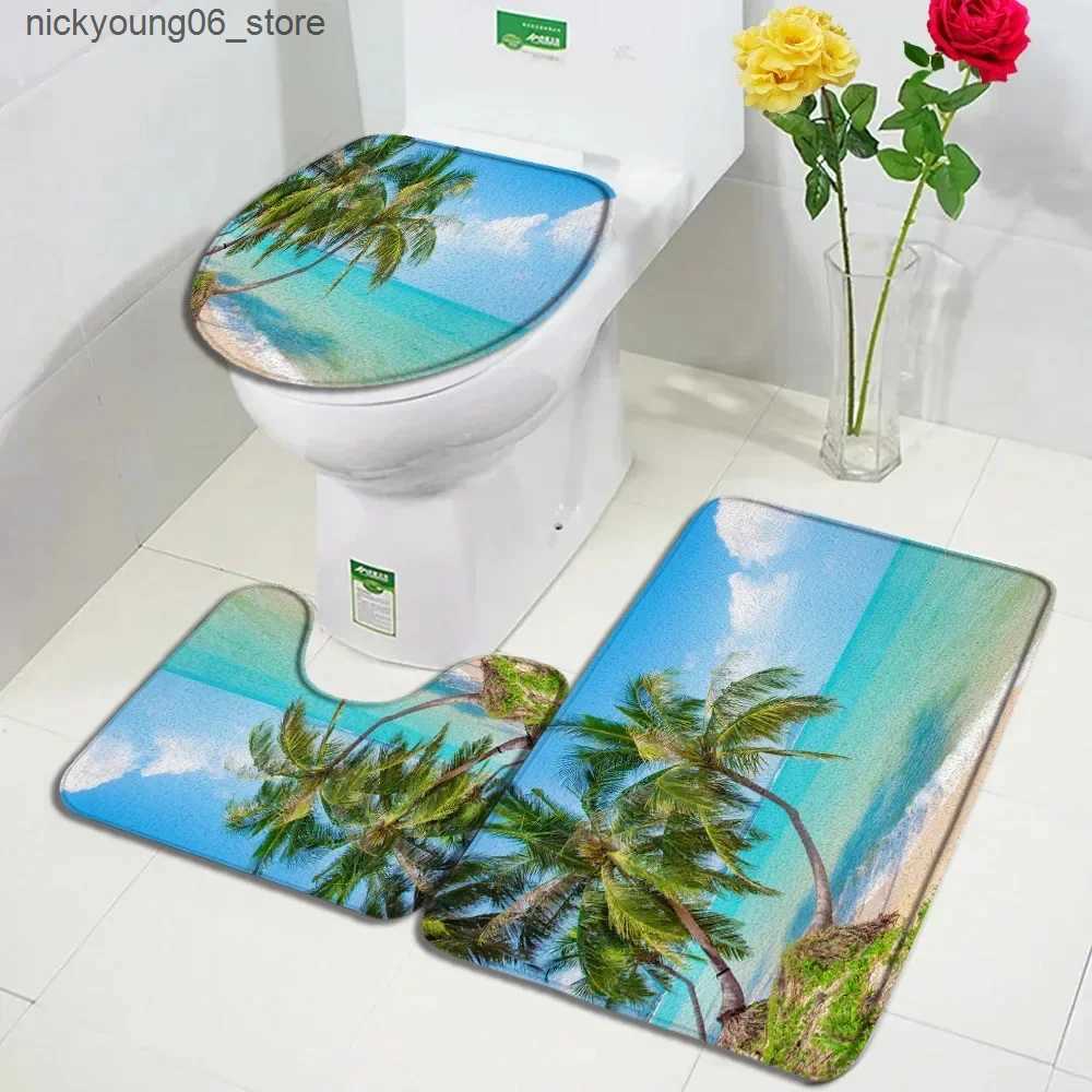 Non-Slip Bath Mats Sea Waves Beach Bath Mat Set Green Palm Leaves Ocean Hawaiian Nature Scenery Bathroom Decor Carpet Non-Slip Rug Toilet Lid Cover L2